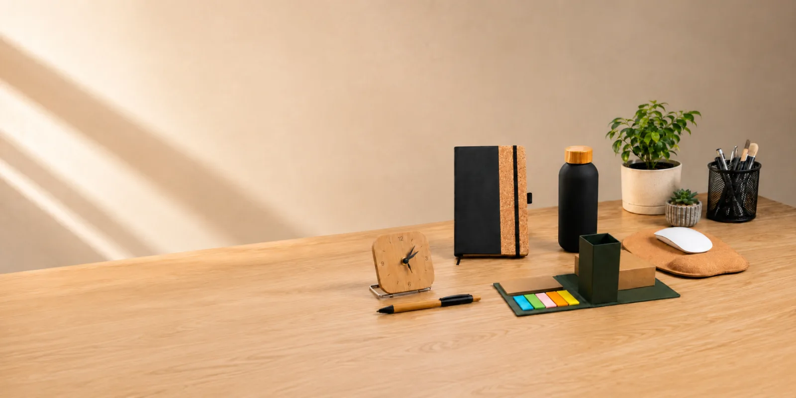 Escritorio de oficina con agenda, termo, mouse pad y reloj personalizados