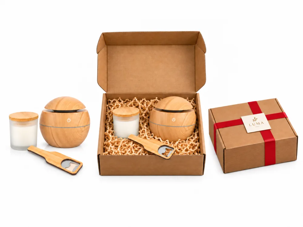 Kit armado: productos, caja kraft con viruta y caja de regalo con cinta y tarjeta