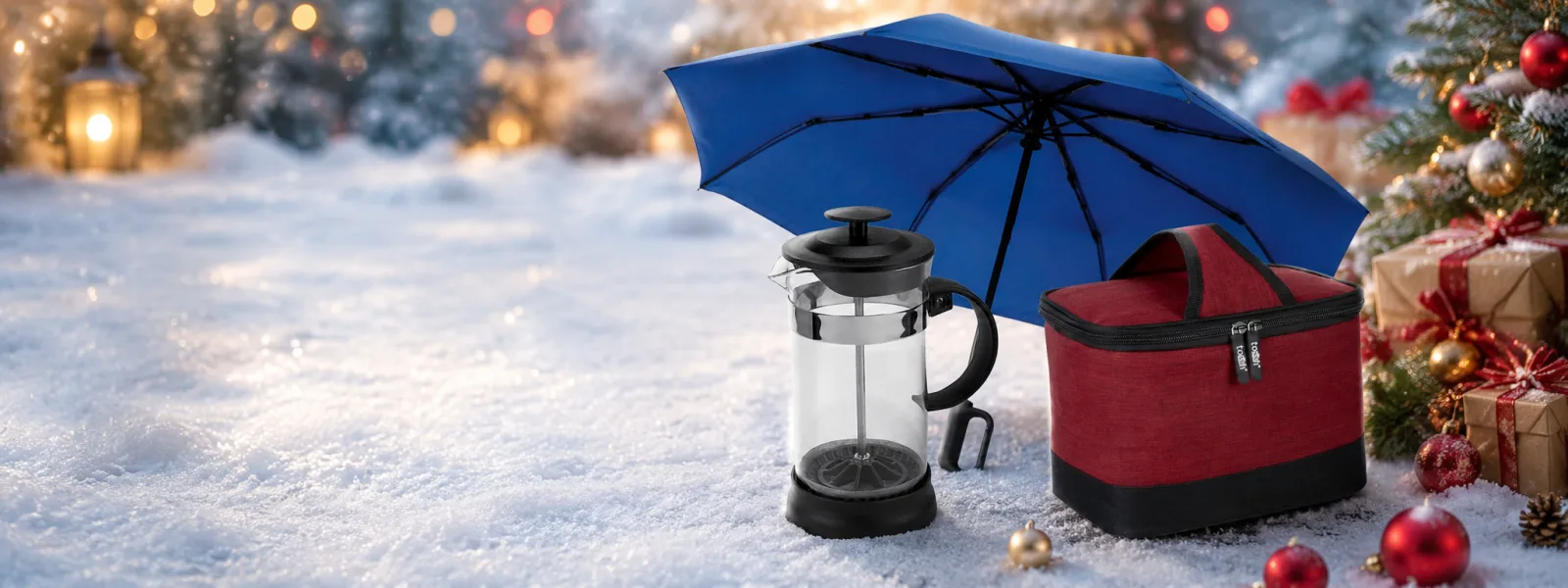anner navideño con regalos corporativos y productos promocionales sobre un paisaje nevado, ideal para campañas de Navidad y obsequios empresariales.
